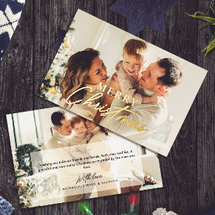 Tarjeta Festiva Con Relieve Metalizado HOJA REAL Feliz Navidad 2 Fotos Personalizadas
