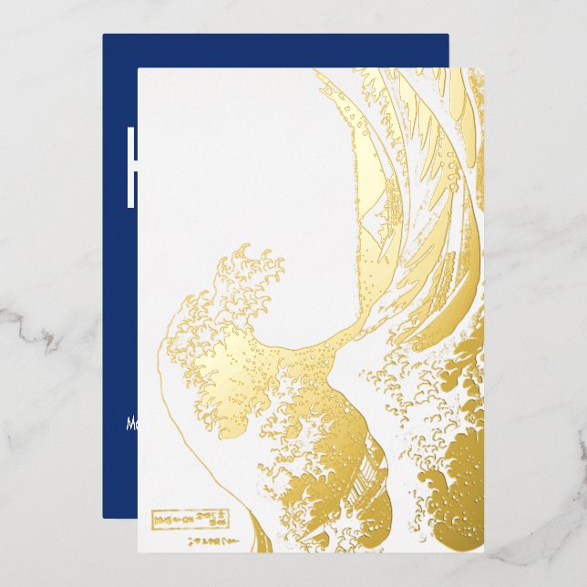 Tarjeta Festiva Con Relieve Metalizado Hokusai - Feliz Año Nuevo / La Gran Ola (Anverso/Reverso)
