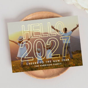 Tarjeta Festiva Con Relieve Metalizado Hola 2027 Foto Año Nuevo Dorado
