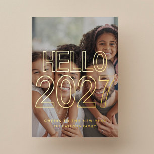 Tarjeta Festiva Con Relieve Metalizado Hola 2027 Foto Año Nuevo Dorado
