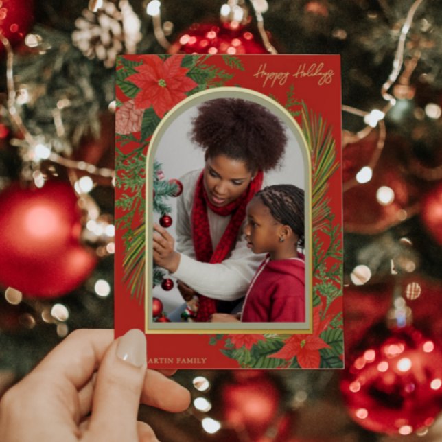 Tarjeta Festiva Con Relieve Metalizado Holiday Poinsettia and Greenery Photo (Subido por el creador)