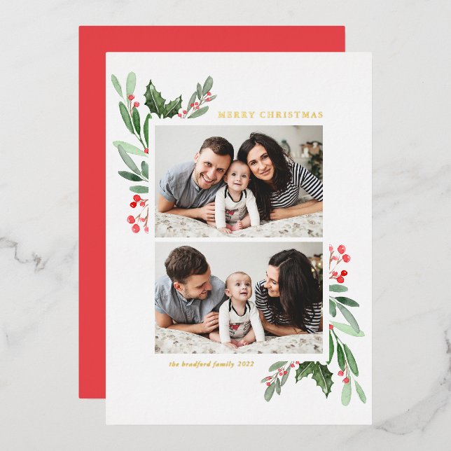 Tarjeta Festiva Con Relieve Metalizado Hollies and Greenery Dos fotos Feliz Navidad (Anverso/Reverso)