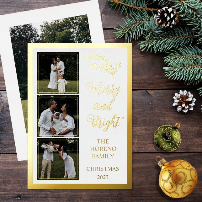 Tarjeta Festiva Con Relieve Metalizado Holly | Bayas Navidad 4 Foto Alegre y Brillante (Boho chic minimalist four-photo collage "Merry and Bright" white and gold foil holiday card)