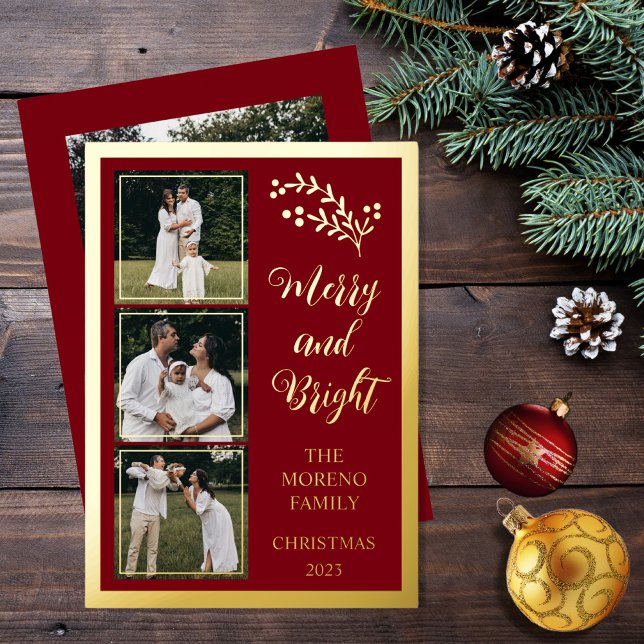 Tarjeta Festiva Con Relieve Metalizado Holly | Berries Navidades 4 Photo Merry y Bright (Boho chic minimalist four-photo collage "Merry and Bright" dark red and gold foil holiday card)