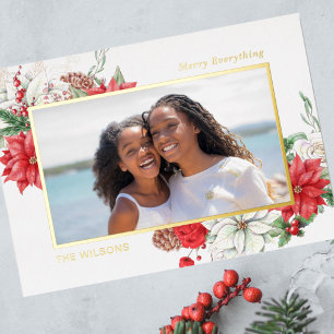 Tarjeta Festiva Con Relieve Metalizado Holly Berries Poinsettias Pine Cone Photo