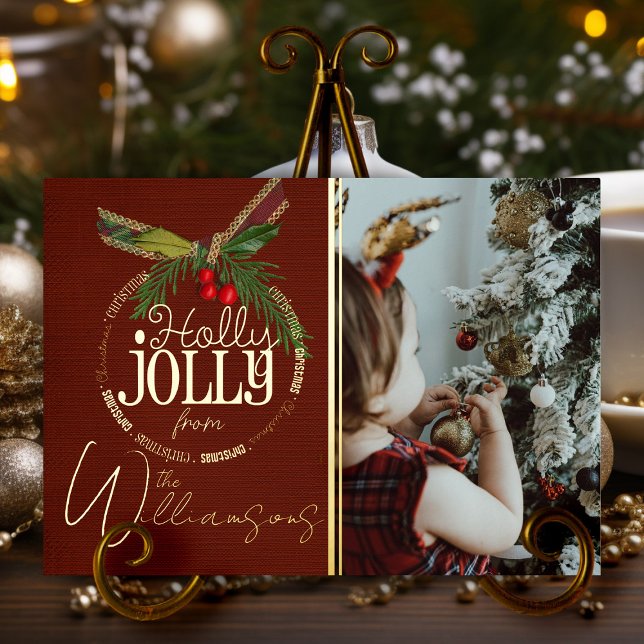Tarjeta Festiva Con Relieve Metalizado Holly Jolly Navidades Red con Holly Berry Gold (elegant red and gold personalized Christmas card with name and photo and real gold foil)