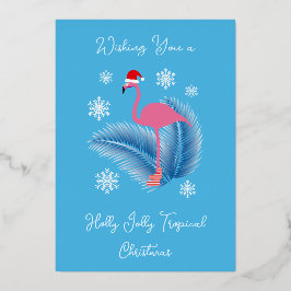 Tarjeta Festiva Con Relieve Metalizado Holly Jolly Tropical Navidad Flamingo