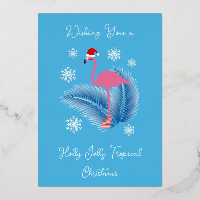 Tarjeta Festiva Con Relieve Metalizado Holly Jolly Tropical Navidad Flamingo (Anverso)