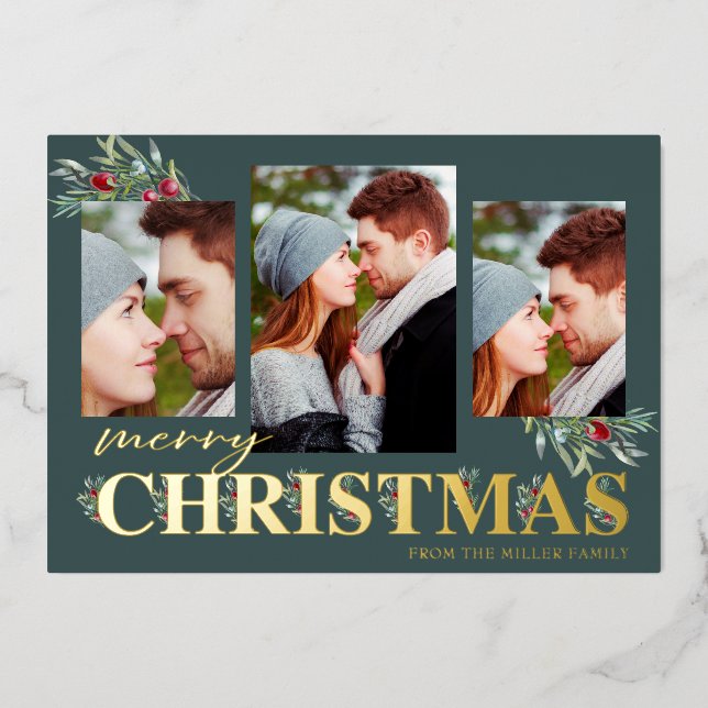 Tarjeta Festiva Con Relieve Metalizado Holly Merry Collage de fotos navideño (Anverso)