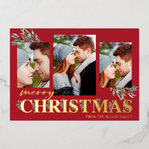 Tarjeta Festiva Con Relieve Metalizado Holly Merry Collage de fotos navideño