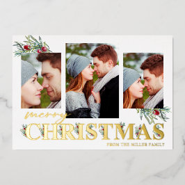 Tarjeta Festiva Con Relieve Metalizado Holly Merry Collage de fotos navideño