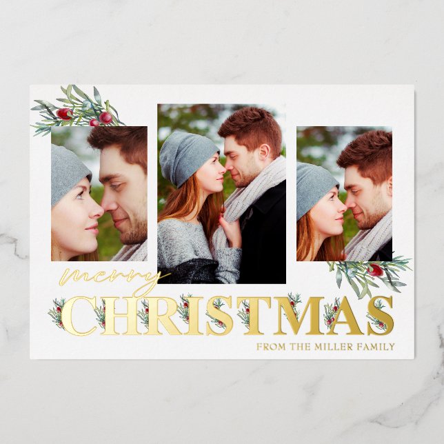 Tarjeta Festiva Con Relieve Metalizado Holly Merry Collage de fotos navideño (Anverso)