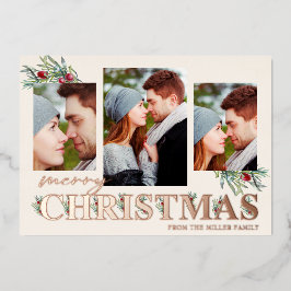 Tarjeta Festiva Con Relieve Metalizado Holly Merry Collage de fotos navideño