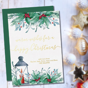 Tarjeta Festiva Con Relieve Metalizado Holly Mistletoe y Lantern Happy Navidades Gold