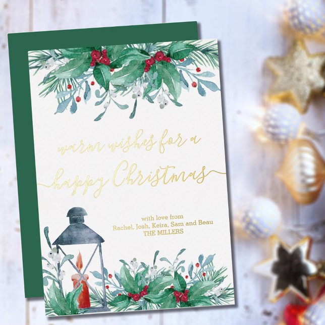 Tarjeta Festiva Con Relieve Metalizado Holly Mistletoe y Lantern Happy Navidades Gold (Subido por el creador)