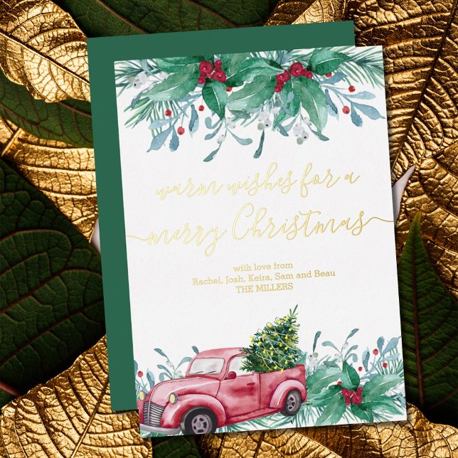 Tarjeta Festiva Con Relieve Metalizado Holly Mistletoe y Navidades Red Truck Gold (Subido por el creador)