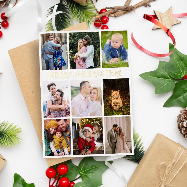 Tarjeta Festiva Con Relieve Metalizado Holly Modern Elegant Collage 10 Photos Family (Holly Modern Elegant Collage 10 Photos Family Christmas Holiday Card.)