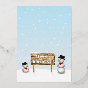 Tarjeta Festiva Con Relieve Metalizado Hombres de Nieve Cuidados deseando un cumpleaños f