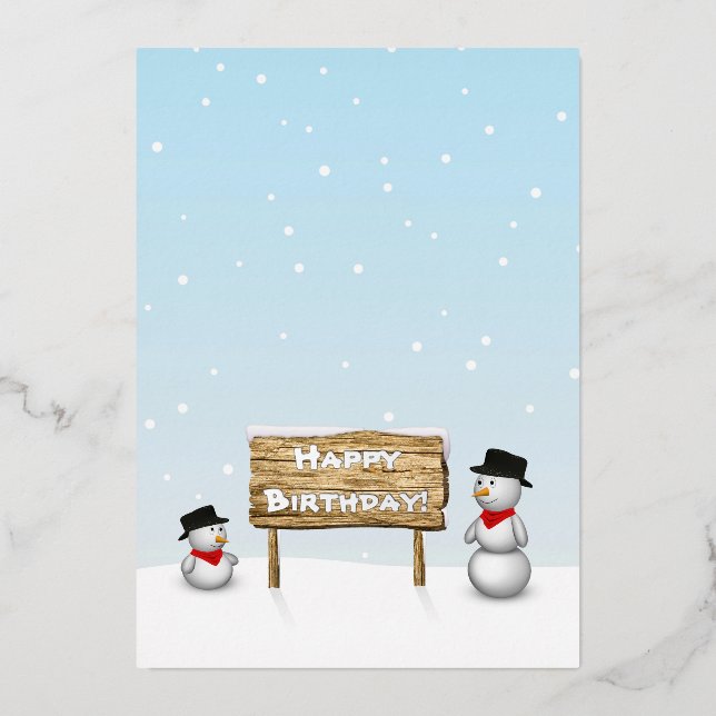 Tarjeta Festiva Con Relieve Metalizado Hombres de Nieve Cuidados deseando un cumpleaños f (Anverso)