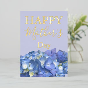 Tarjeta Festiva Con Relieve Metalizado Hortensias Azules Florecen Día de la Madre   