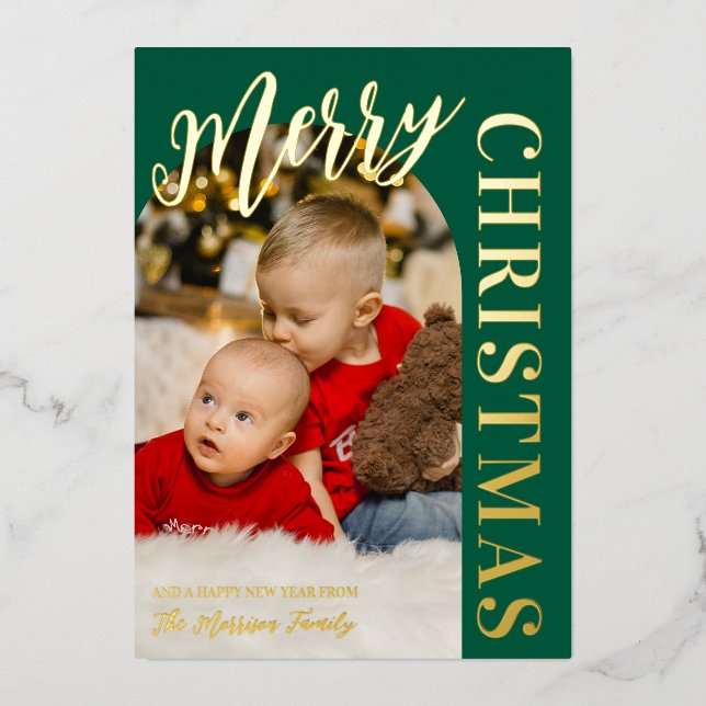 Tarjeta Festiva Con Relieve Metalizado Hunter Green Arch Photo Merry Christmas Gold