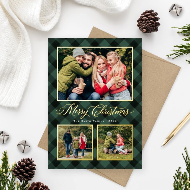 Tarjeta Festiva Con Relieve Metalizado Hunter Green Buffalo Plaid Navidades Collage de fo (Subido por el creador)