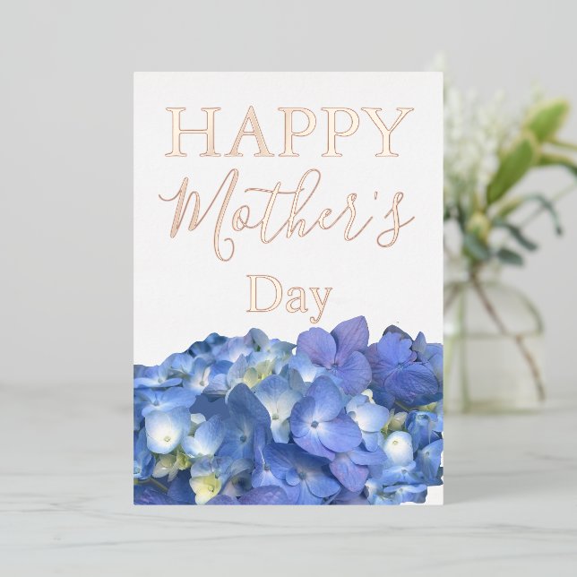 Tarjeta Festiva Con Relieve Metalizado Hydrangeas Azules Florecen Día de la Madre    (Anverso de pie)