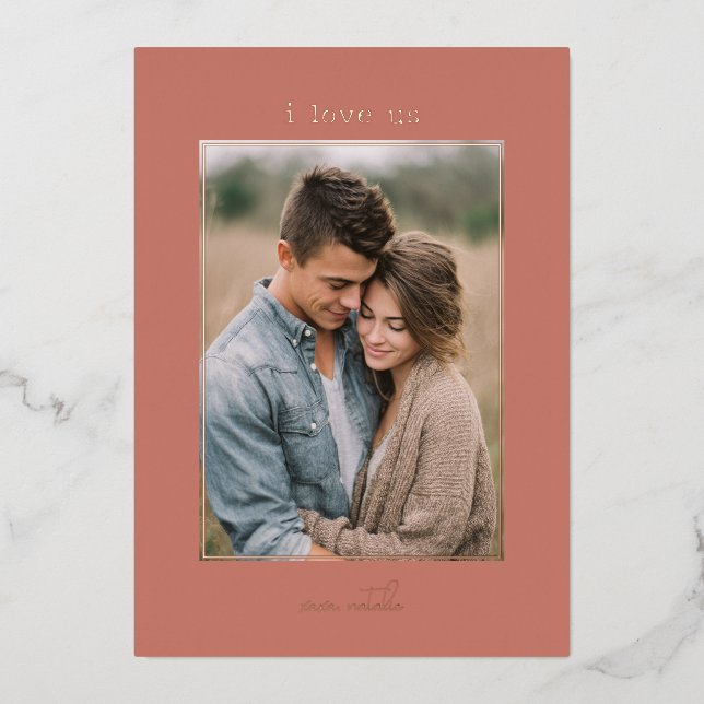 Tarjeta Festiva Con Relieve Metalizado I Love Us Minimal Photo Valentine's (Anverso)