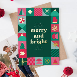Tarjeta Festiva Con Relieve Metalizado Iconos festivos geométricos modernos Feliz Navidad