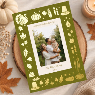 Tarjeta Festiva Con Relieve Metalizado Iconos Retro Folk de Acción de Gracias Foto de Fam
