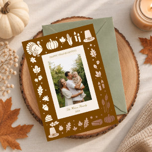 Tarjeta Festiva Con Relieve Metalizado Iconos Retro Folk de Acción de Gracias Foto de Fam