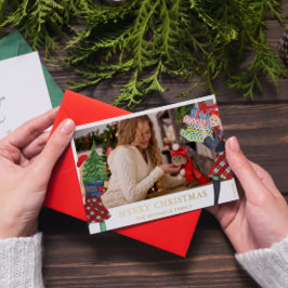 Tarjeta Festiva Con Relieve Metalizado Ilustración de Navidad de Chica Festiva con Foto