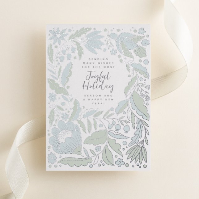 Tarjeta Festiva Con Relieve Metalizado Ilustracion folclórico Icy Blue Joyful Holiday (Folk art style flowers, vines and a peace dove shine on this white festive non-photo Christmas card)