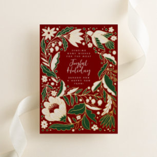 Tarjeta Festiva Con Relieve Metalizado Ilustracion folclórico navideño rojo alegre