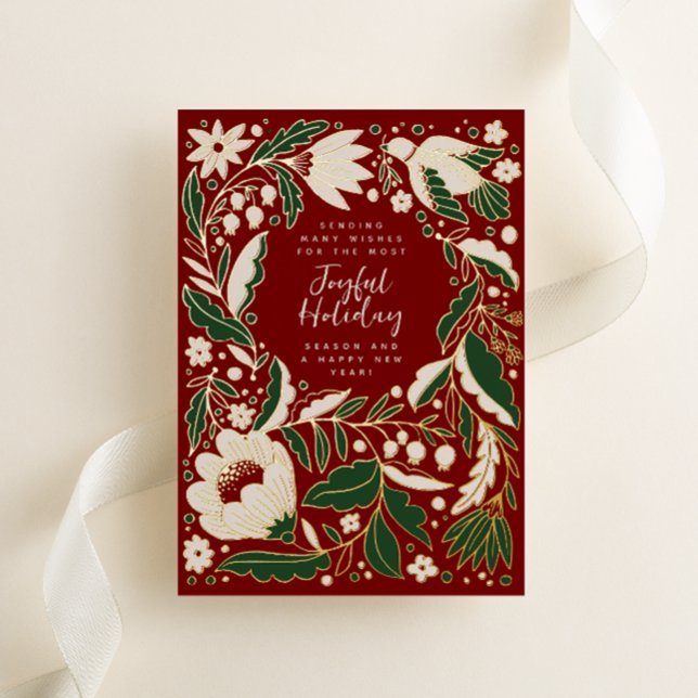 Tarjeta Festiva Con Relieve Metalizado Ilustracion folclórico navideño rojo alegre (Folk art style flowers, vines and a peace dove shine on this red, festive non-photo Christmas card)