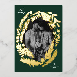 Tarjeta Festiva Con Relieve Metalizado Impresiones botánicas Navidades marco Pino