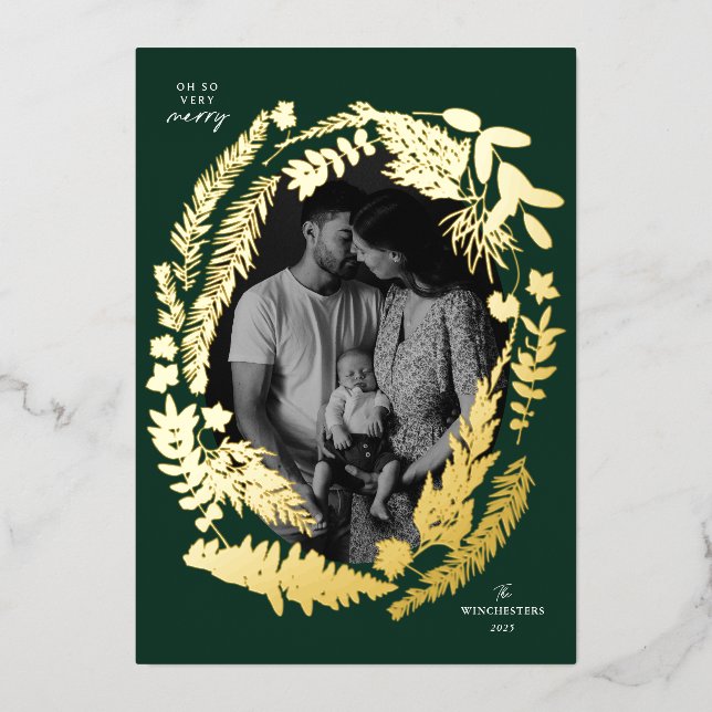 Tarjeta Festiva Con Relieve Metalizado Impresiones botánicas Navidades marco Pino (Anverso)