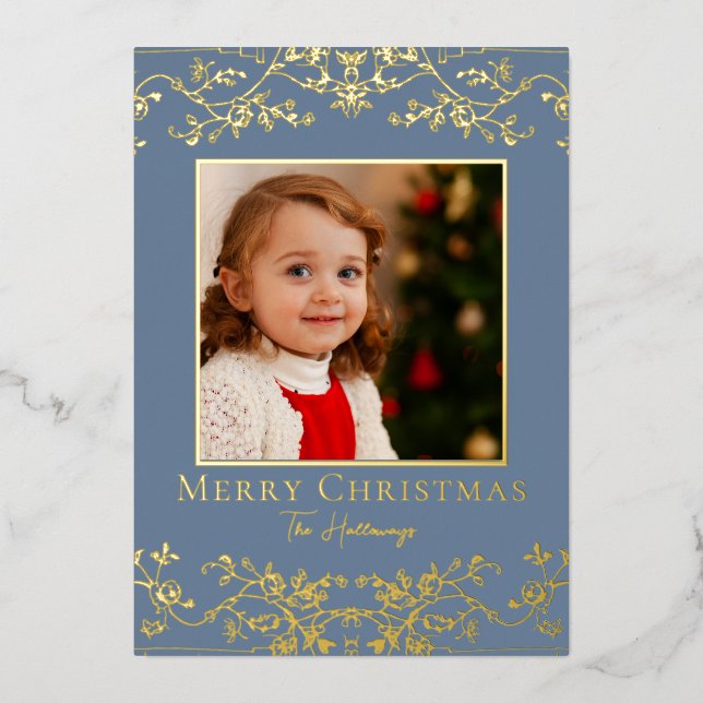 Tarjeta Festiva Con Relieve Metalizado Intricate Vines Blue Gold Foil Holiday Card (Anverso)