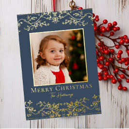 Tarjeta Festiva Con Relieve Metalizado Intricate Vines One Photo Gold Foil Holiday Card