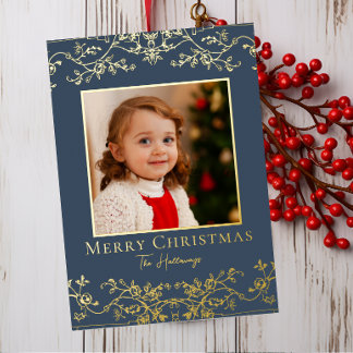 Tarjeta Festiva Con Relieve Metalizado Intricate Vines One Photo Gold Foil Holiday Card