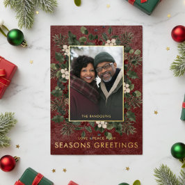 Tarjeta Festiva Con Relieve Metalizado Invierno Rústico Berries Saludos navideños a Borgo