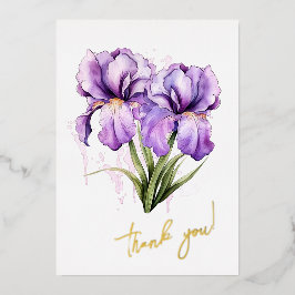 Tarjeta Festiva Con Relieve Metalizado Iris Flower "¡Gracias!" Editable