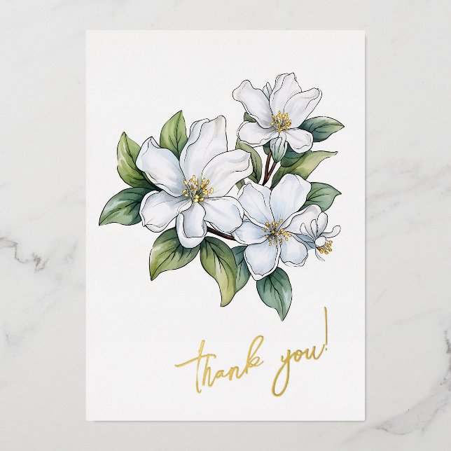 Tarjeta Festiva Con Relieve Metalizado Jasmine Flower "¡Gracias!" Editable (Anverso)