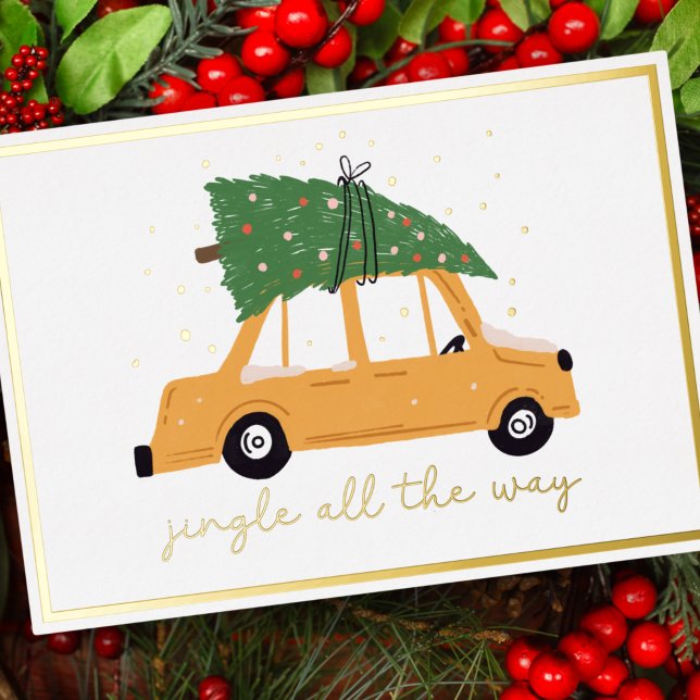 Tarjeta Festiva Con Relieve Metalizado Jingle All Way Car and Christmas Tree Gold (Subido por el creador)