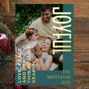 Tarjeta Festiva Con Relieve Metalizado Joven foto de familia navideña moderna Verde azula