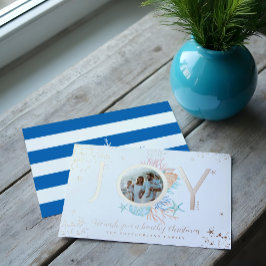 Tarjeta Festiva Con Relieve Metalizado Joy Blue Coastal Navidades Beach Seashell Photo