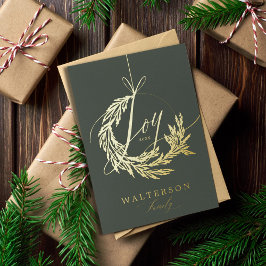 Tarjeta Festiva Con Relieve Metalizado Joy Calligraphy Garland Wreath Family Photo