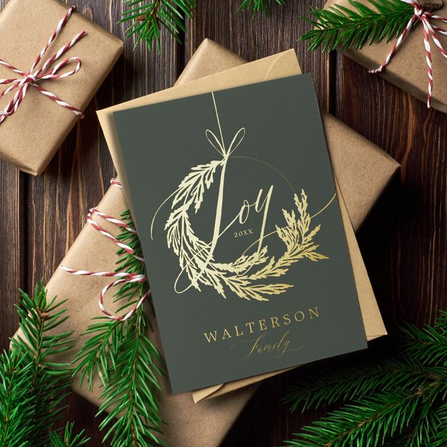 Tarjeta Festiva Con Relieve Metalizado Joy Calligraphy Garland Wreath Family Photo (Joy Calligraphy Garland Wreath Family Photo Foil Holiday Card)