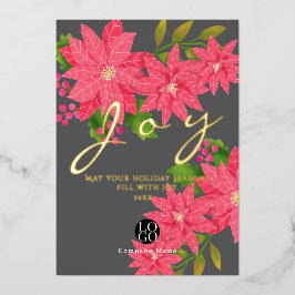 Tarjeta Festiva Con Relieve Metalizado Joy Christmas Poinsettia Business Logo Grey