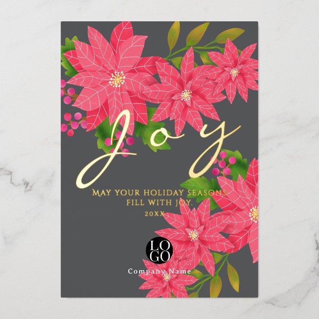 Tarjeta Festiva Con Relieve Metalizado Joy Christmas Poinsettia Business Logo Grey (Anverso)